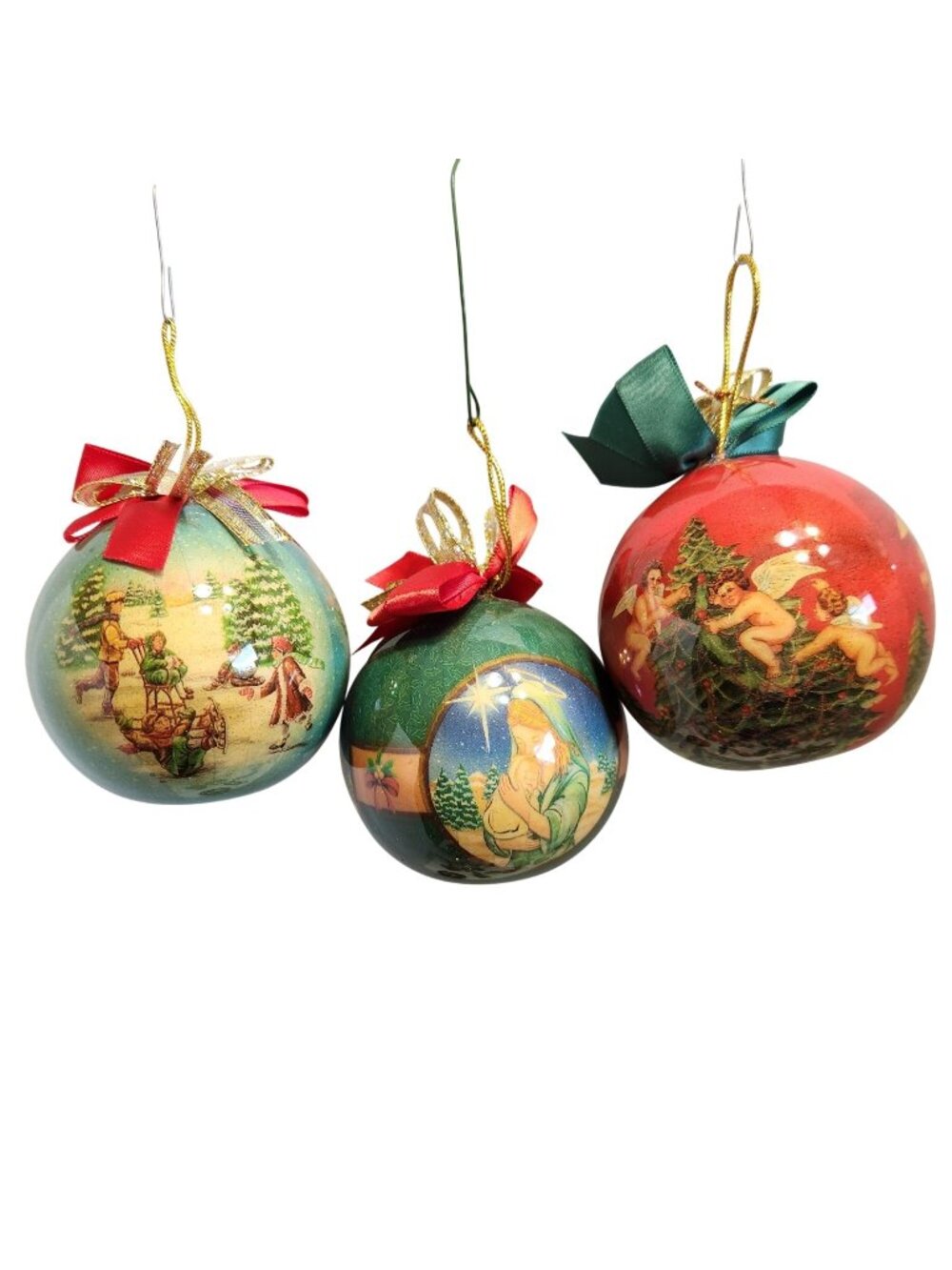 Set of 3 Christmas Ornaments Nativity Winter Scene Cherub Tree Vintage Holiday